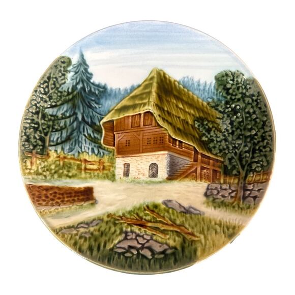 Vintage Schramberg Majolica Relief German Mountain Chalet 9” Plate - Picture 1 of 10